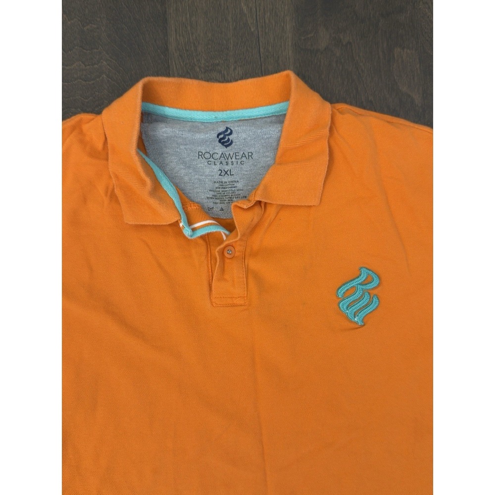 Rocawear Men Size 2XL Orange Polo Shirt Preppy Y2K Blue Logo Short Sleeve Cotton